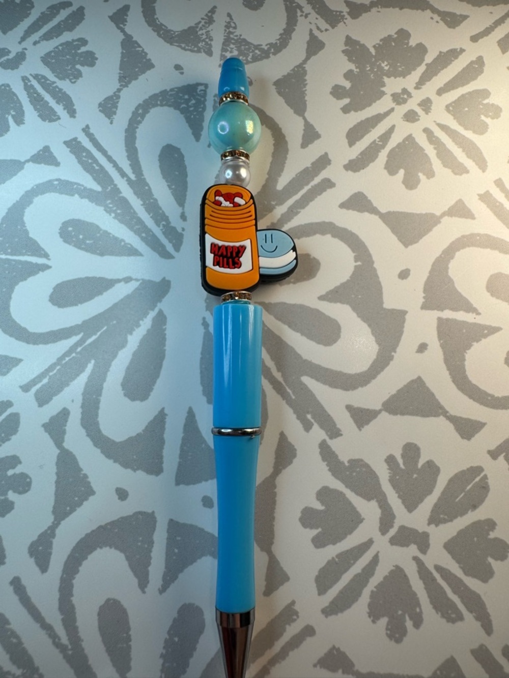 Blue Beaded Charm Pen with Happy Pills Charm
